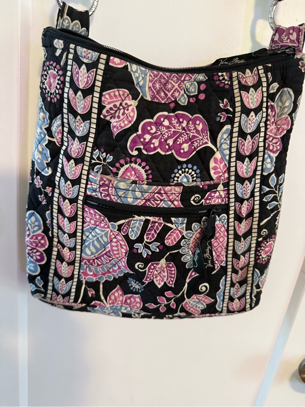 Vera Bradley Black Quilted Crossbody with Pink & Light Blue Floral Print